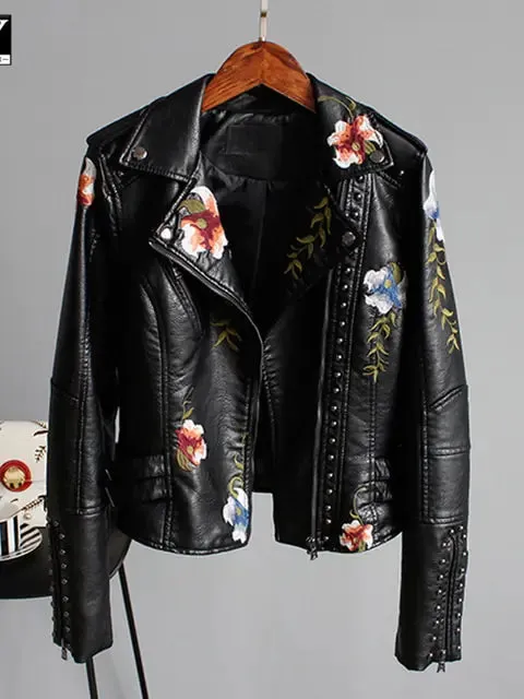 Floral Print Faux Leather Jacket