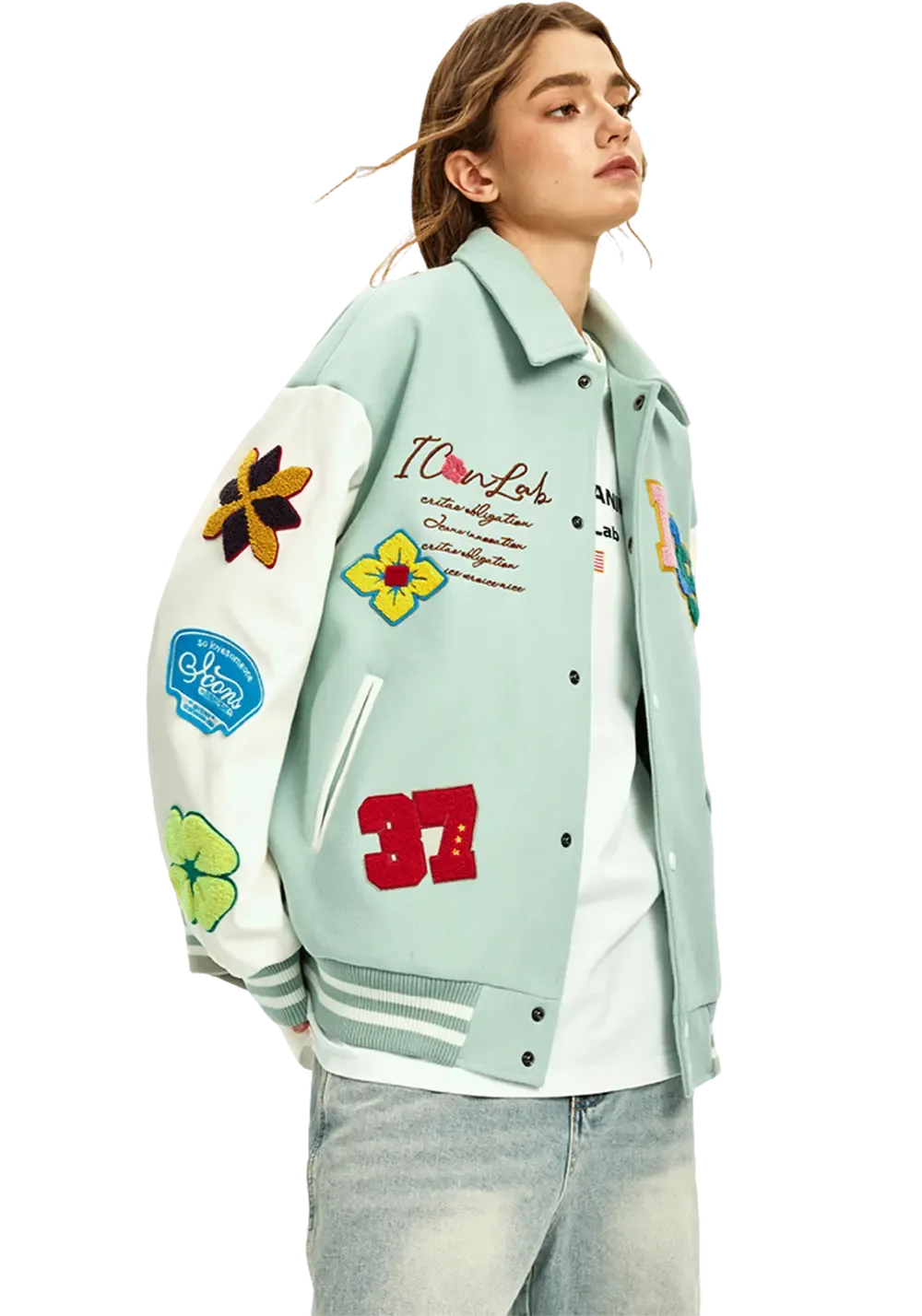 Flower Contrast Lapel Baseball Jersey