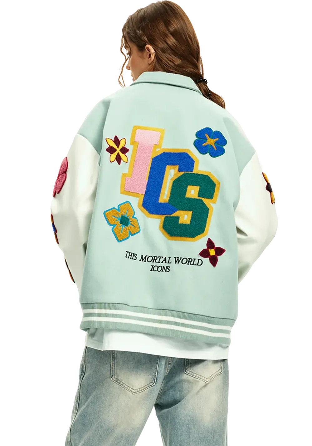 Flower Contrast Lapel Baseball Jersey