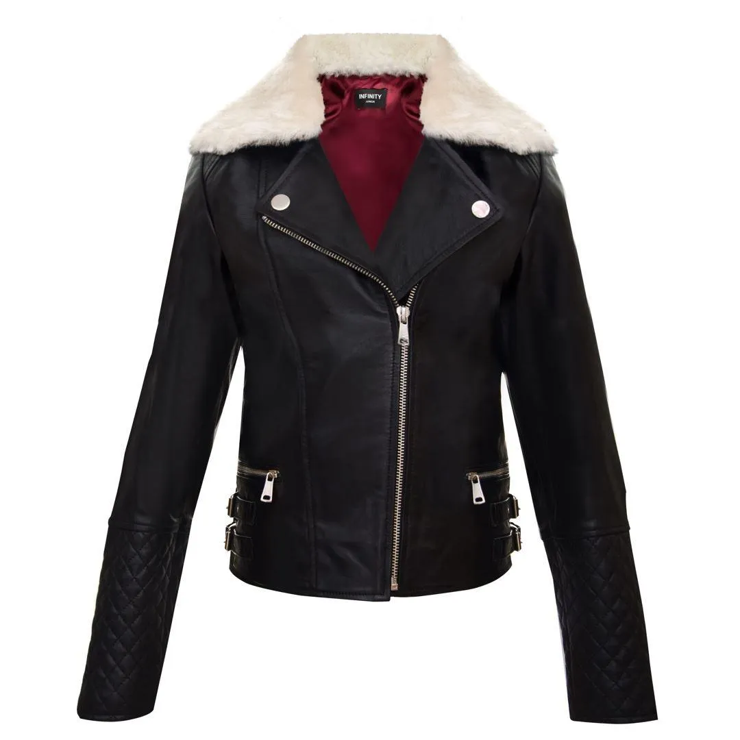 Girls Kids Real leather Biker Style Jacket Cross Zip Black Fur Collar Age 1 - 13