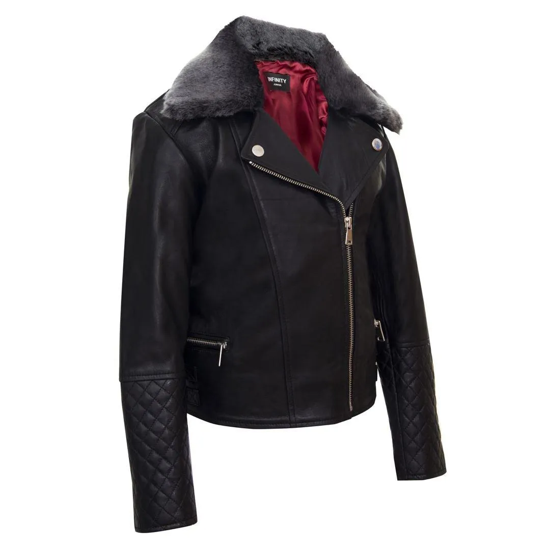 Girls Kids Real leather Biker Style Jacket Cross Zip Black Fur Collar Age 1 - 13