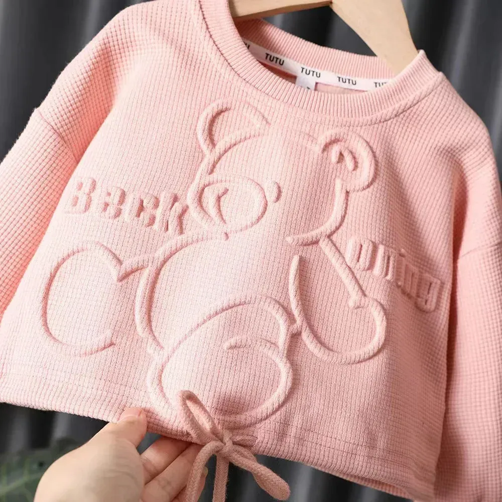 Girls Waffle Cartoon Round Neck Tracksuit