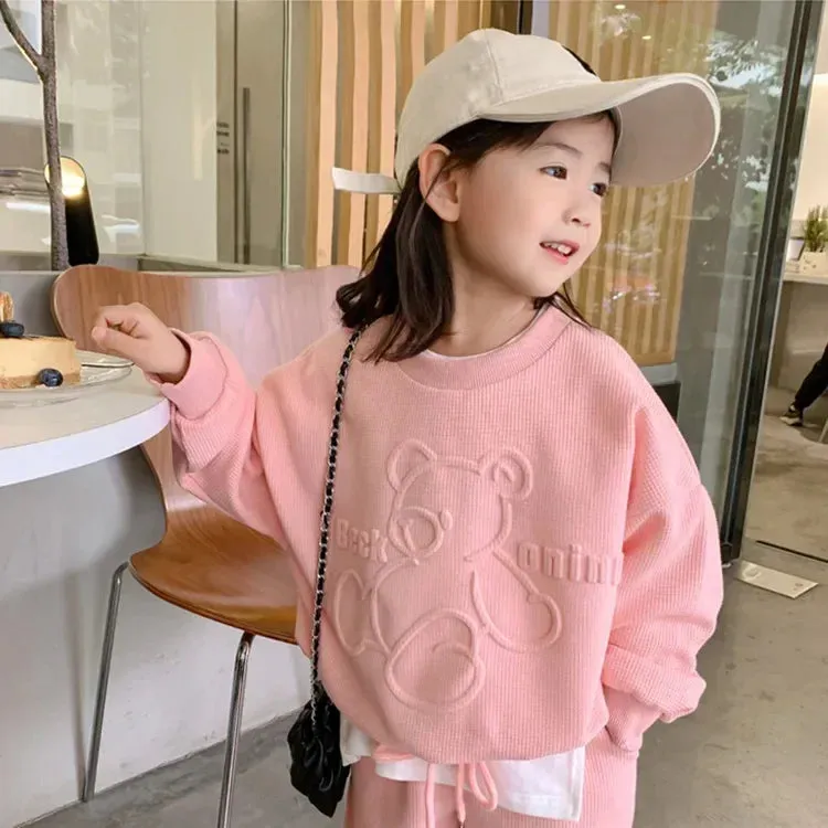 Girls Waffle Cartoon Round Neck Tracksuit