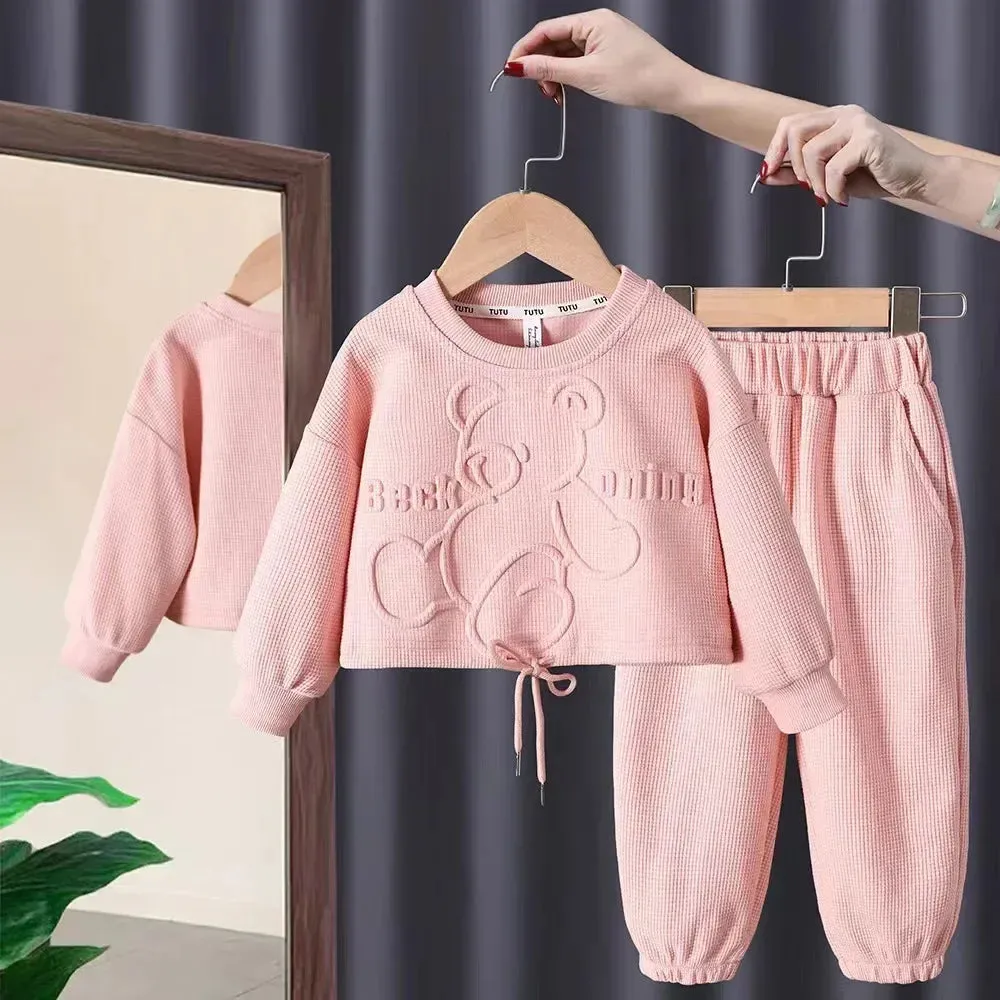 Girls Waffle Cartoon Round Neck Tracksuit