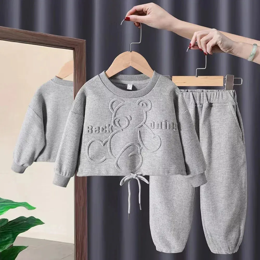 Girls Waffle Cartoon Round Neck Tracksuit