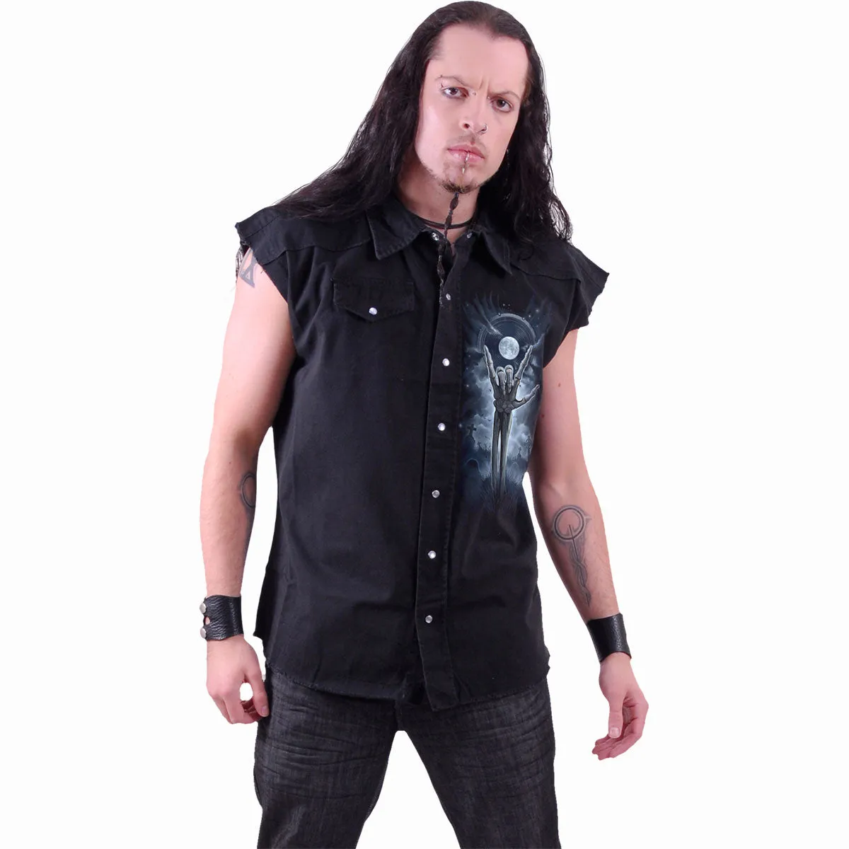 GRIM ROCKER - Sleeveless Stone Washed Worker Black