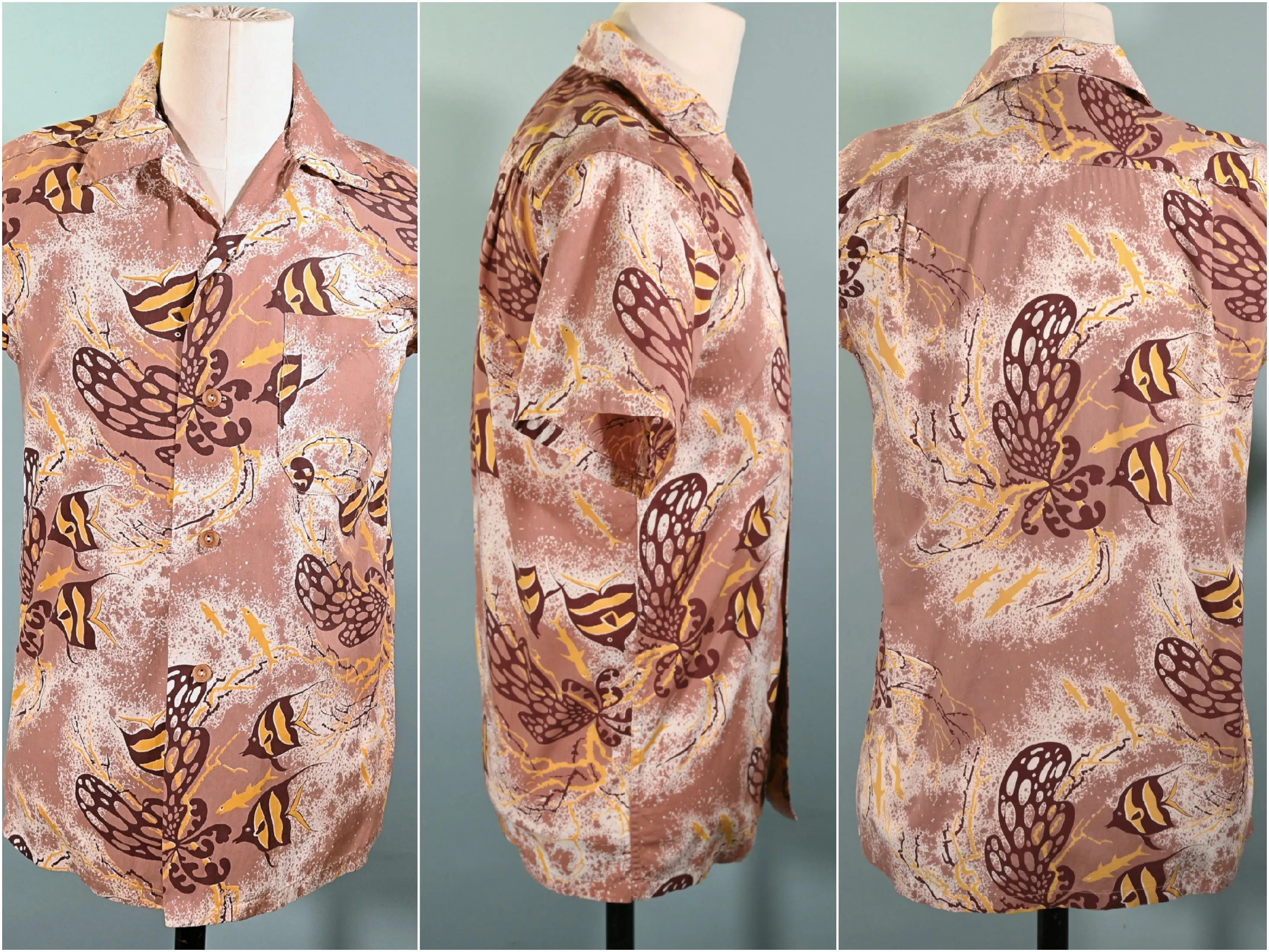 Hale Niu Vintage 50s Hawaiian Shirt, Fish Undersea Print, XS