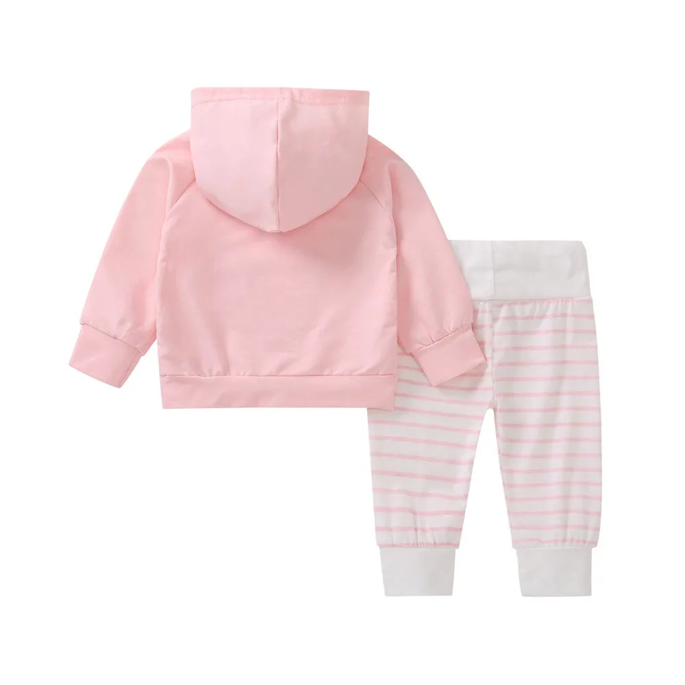 Infant Baby Girls Solid Hooded Tops Sweatshirt Striped Pants Outfits Set