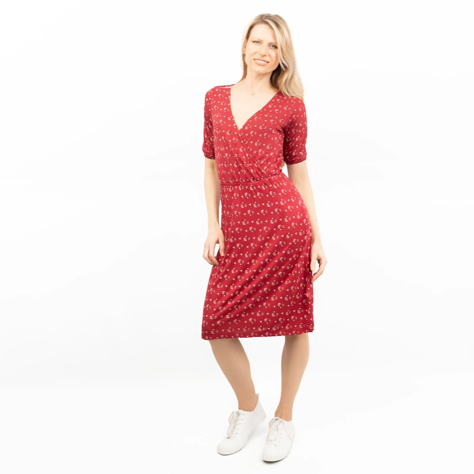 Iona Red Batik Short Sleeve V-Neck Cross Wrap Midi Dress