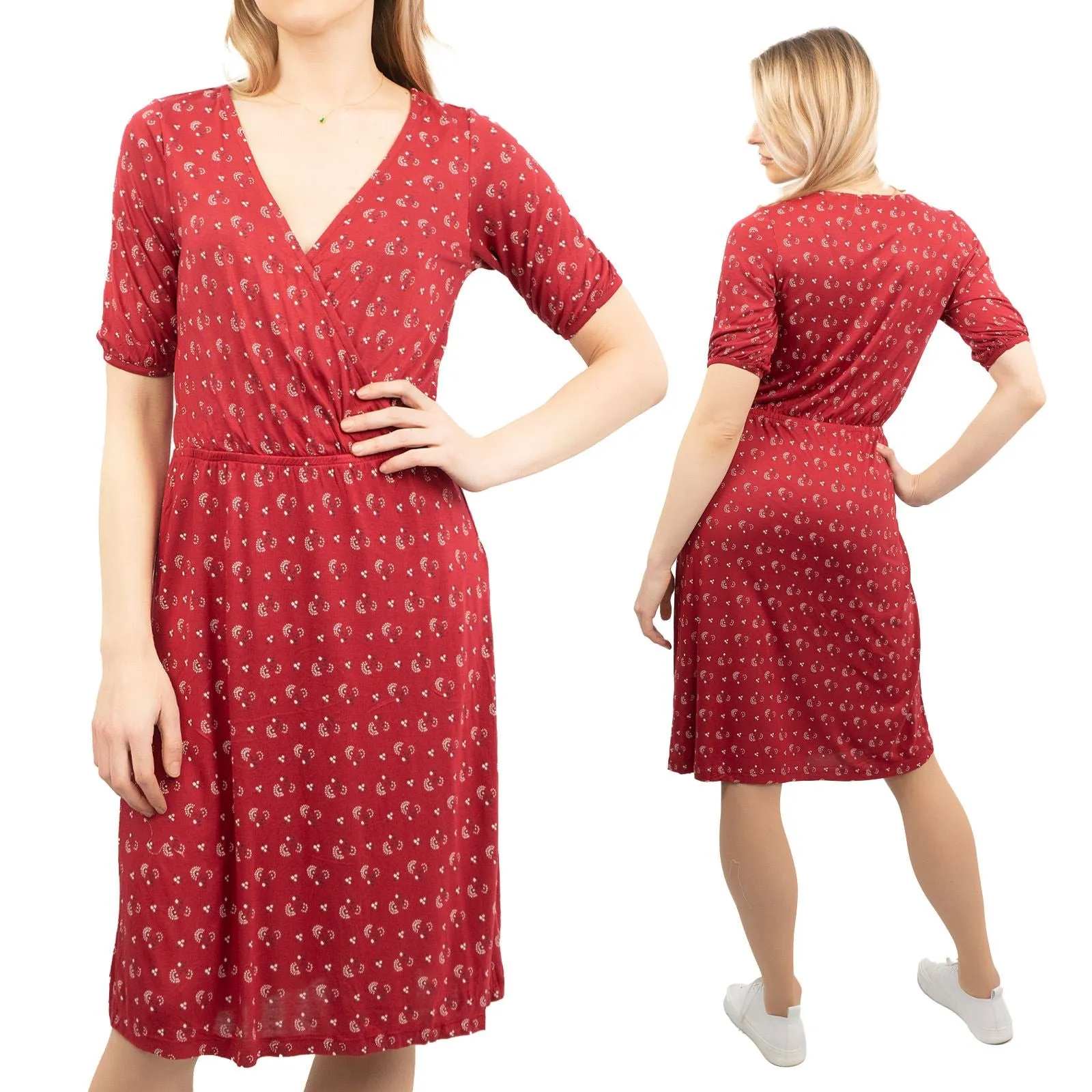 Iona Red Batik Short Sleeve V-Neck Cross Wrap Midi Dress