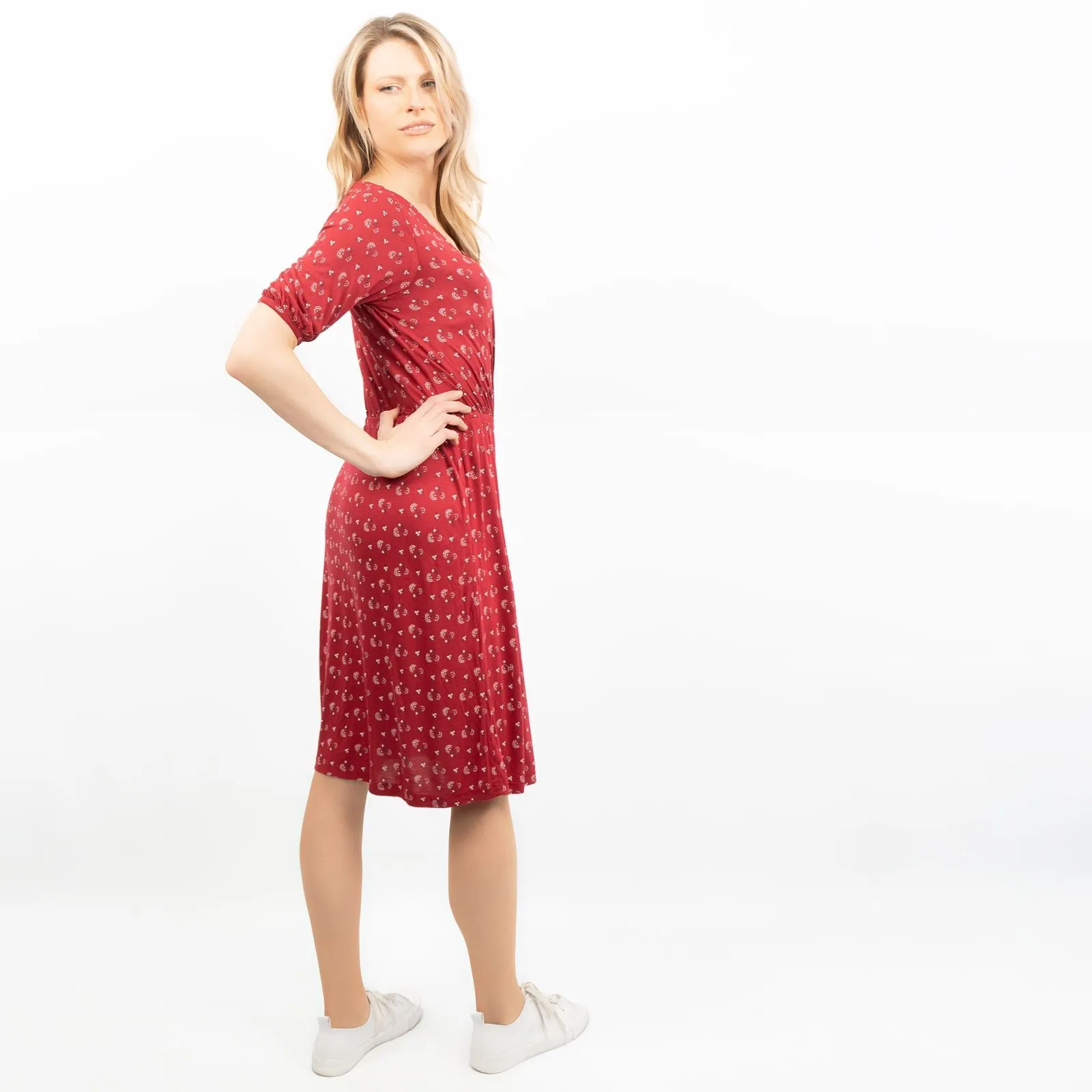 Iona Red Batik Short Sleeve V-Neck Cross Wrap Midi Dress