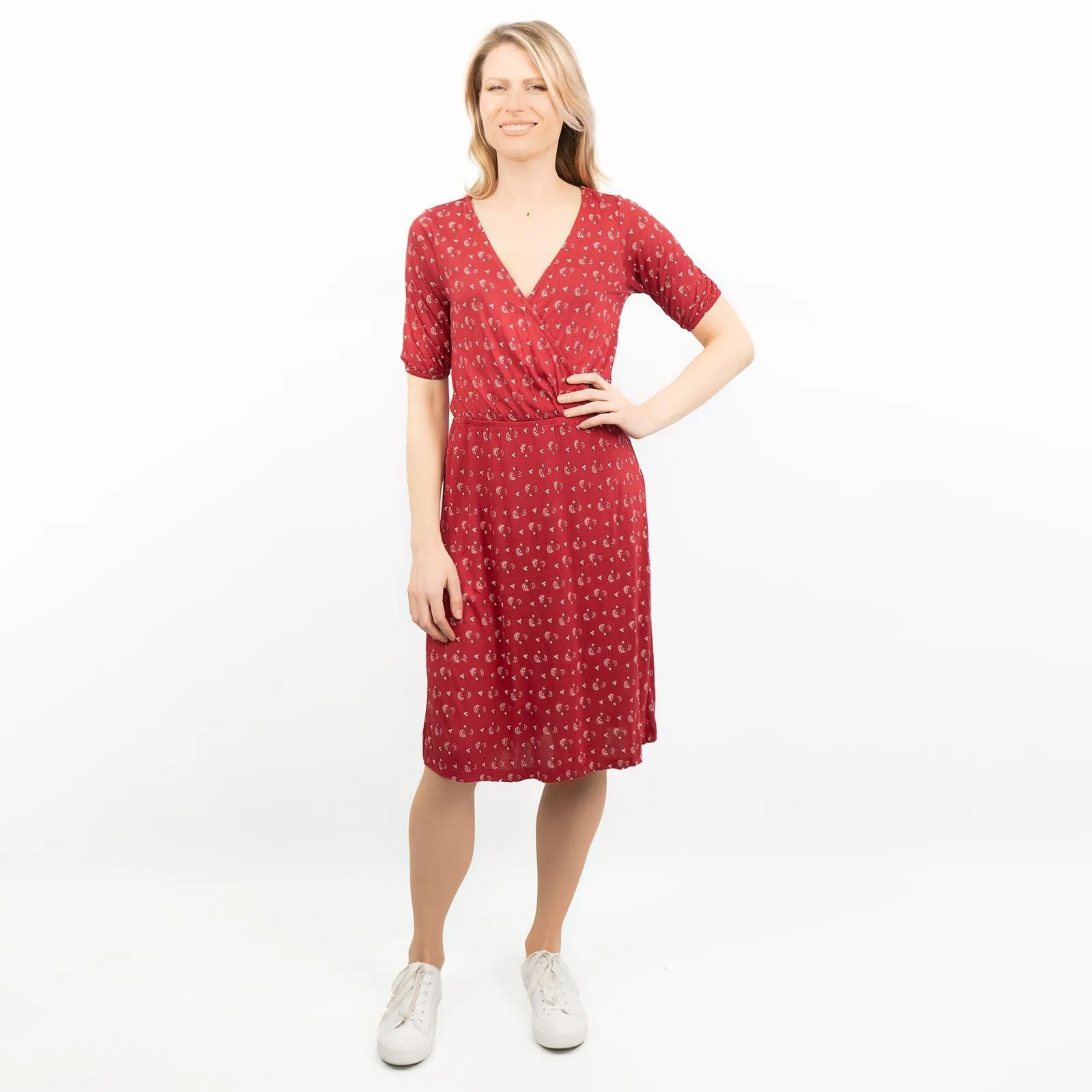 Iona Red Batik Short Sleeve V-Neck Cross Wrap Midi Dress