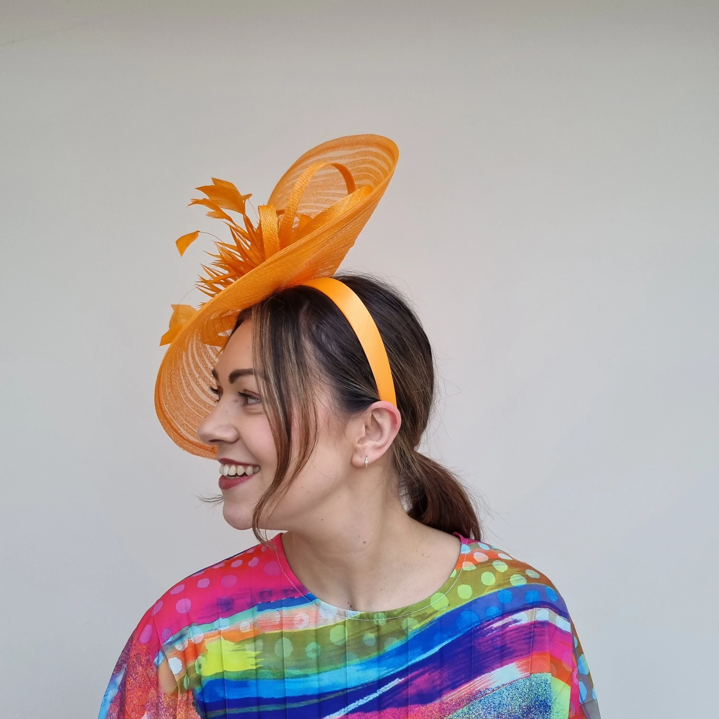 JBees JB24/15  Large Patterned Crin Fascinator with Feathers in Yellows and Oranges