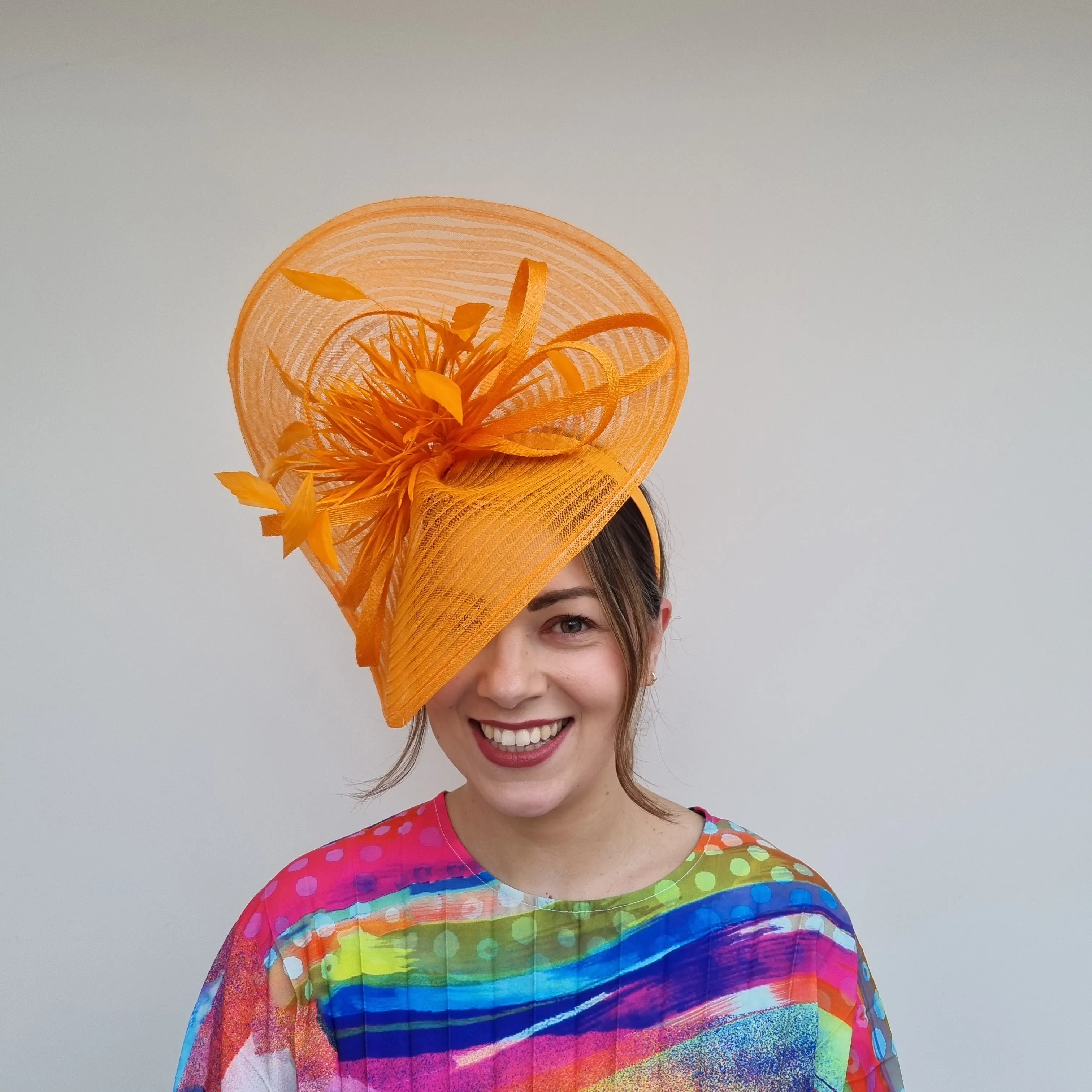 JBees JB24/15  Large Patterned Crin Fascinator with Feathers in Yellows and Oranges