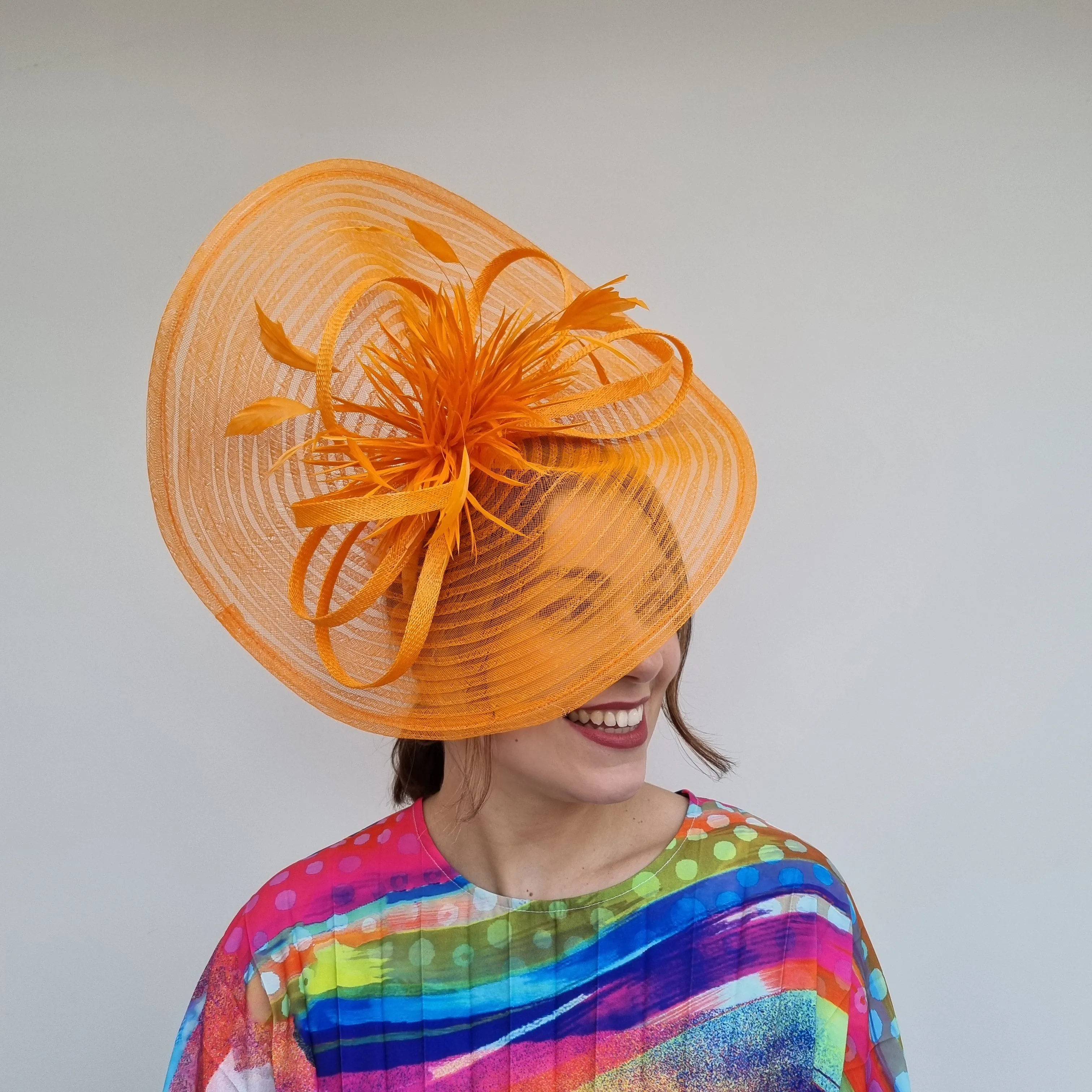 JBees JB24/15  Large Patterned Crin Fascinator with Feathers in Yellows and Oranges