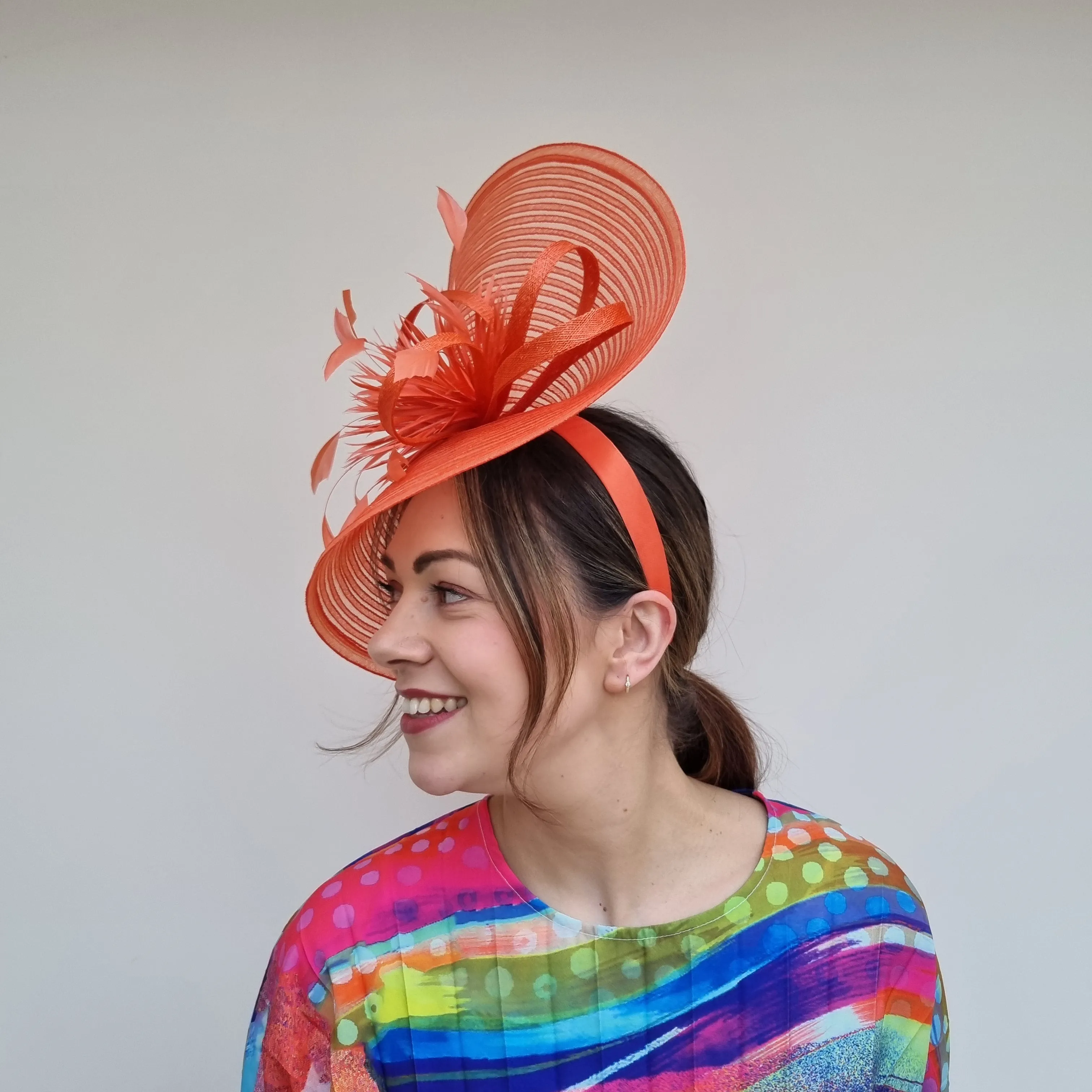 JBees JB24/15  Large Patterned Crin Fascinator with Feathers in Yellows and Oranges