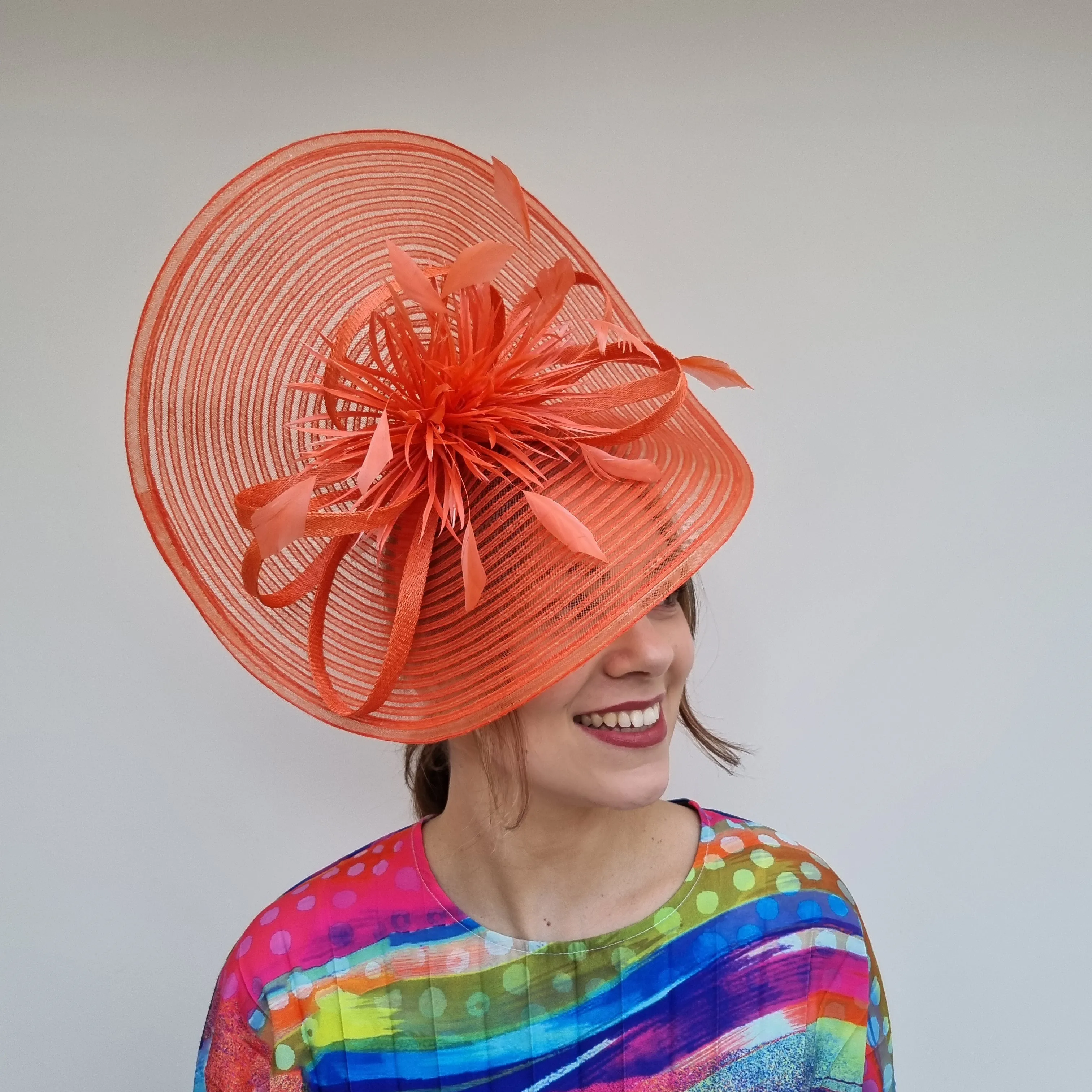 JBees JB24/15  Large Patterned Crin Fascinator with Feathers in Yellows and Oranges