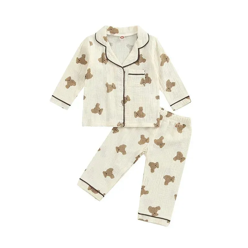 Kids Cartoon Bear Print Pajama Set with Long Sleeve Top and Pants