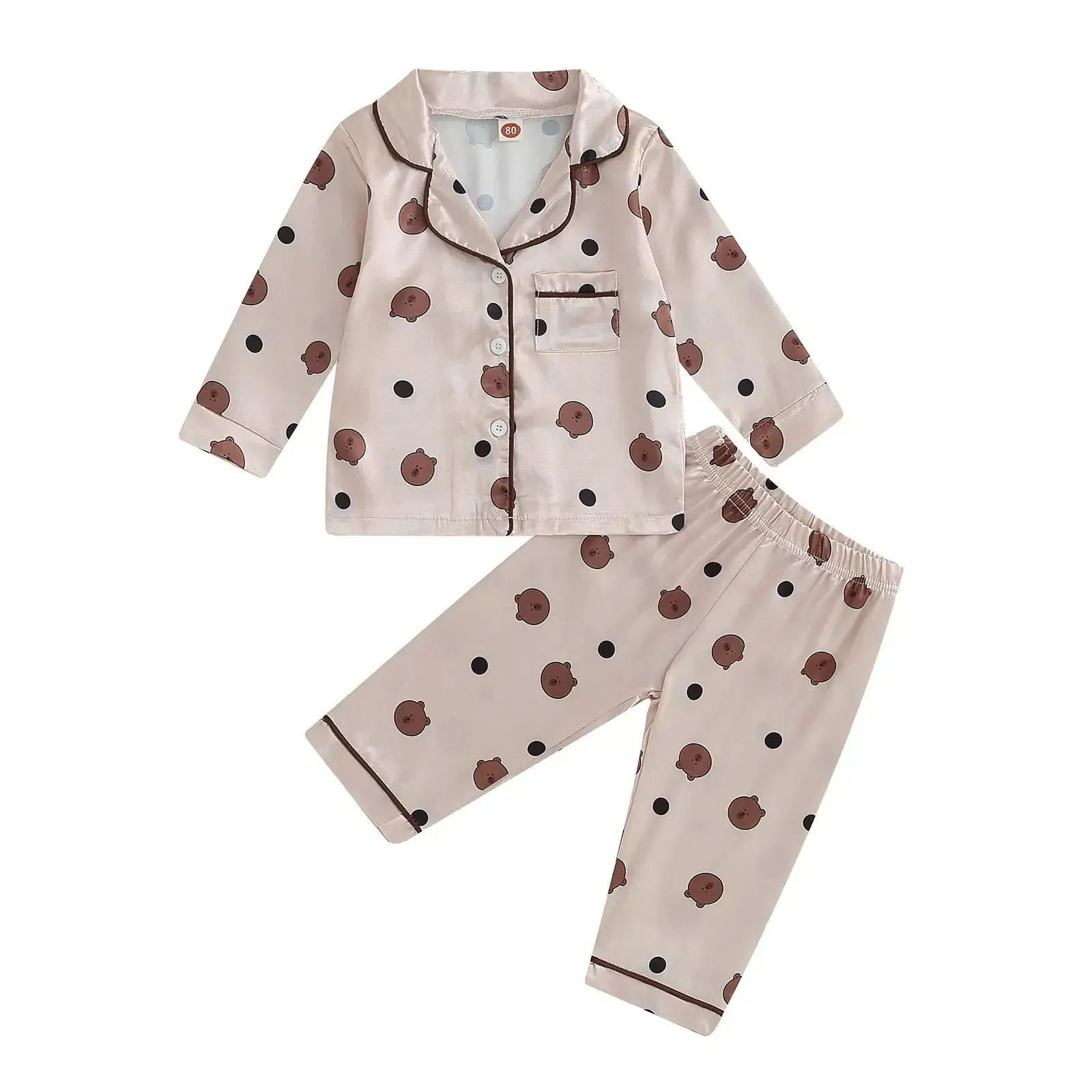 Kids Cartoon Bear Print Pajama Set with Long Sleeve Top and Pants