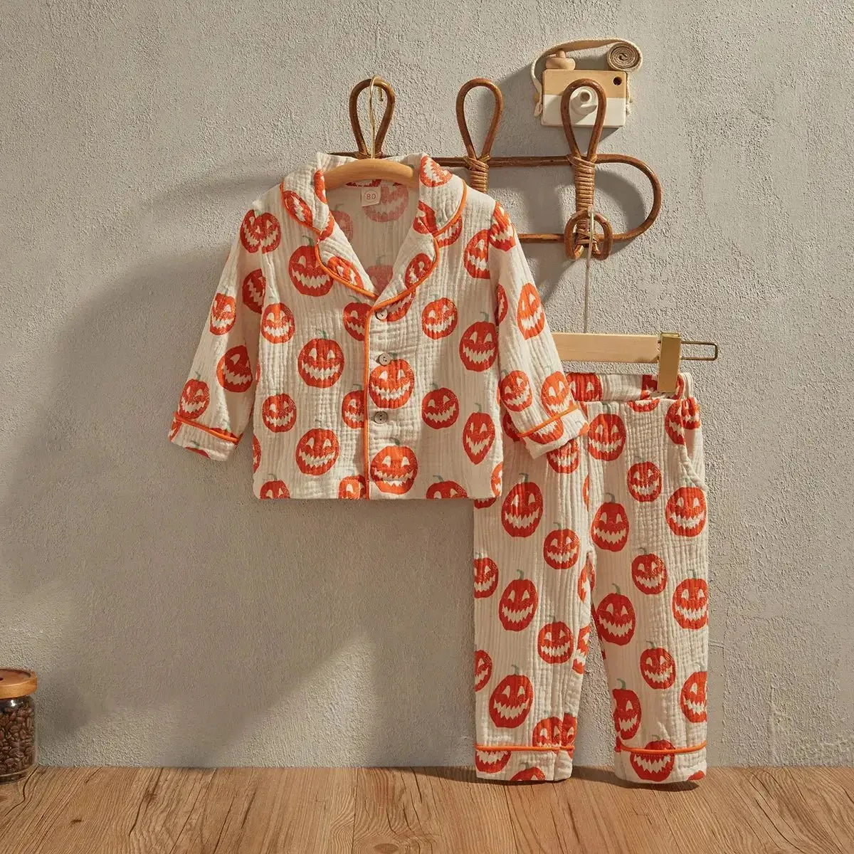 Kids Cartoon Bear Print Pajama Set with Long Sleeve Top and Pants