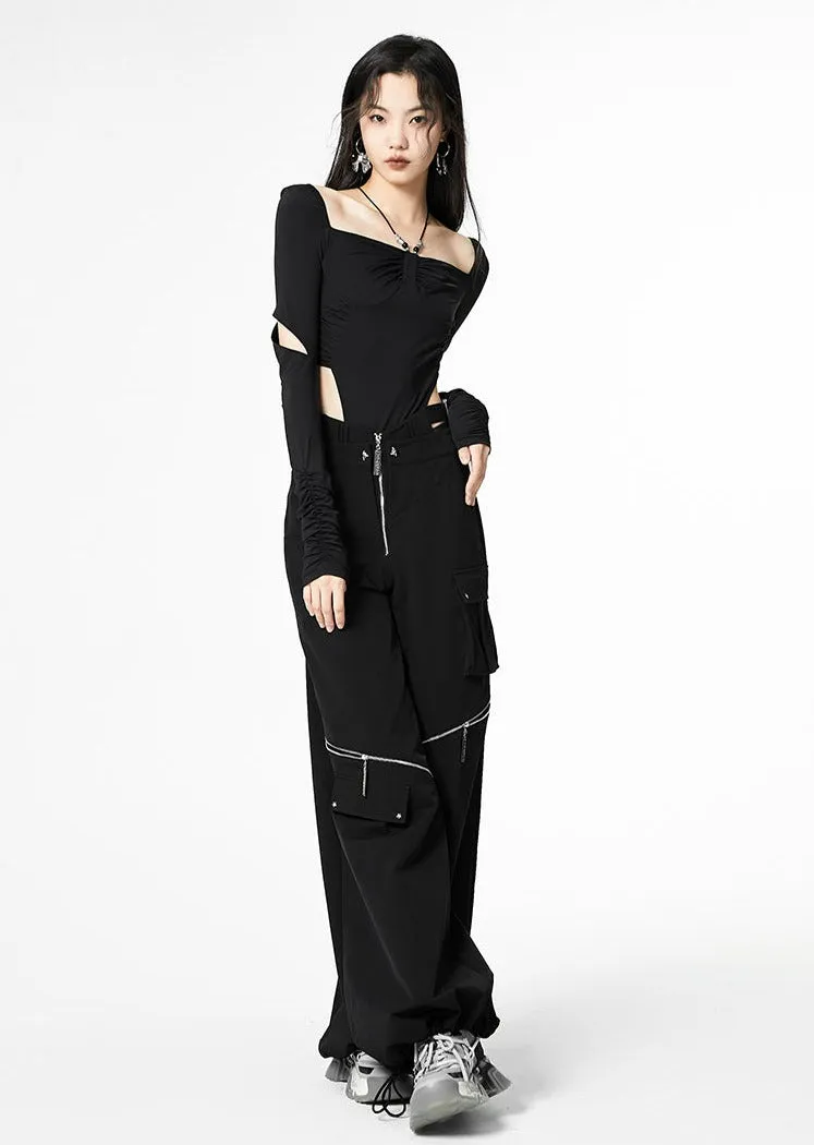 Layered Waist Strap Knee Zip Wide Leg Pants