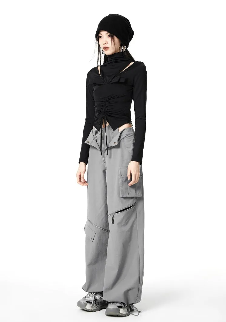 Layered Waist Strap Knee Zip Wide Leg Pants