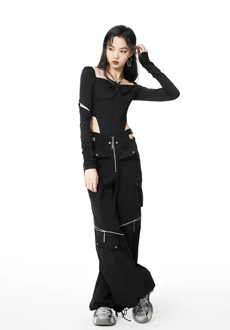 Layered Waist Strap Knee Zip Wide Leg Pants