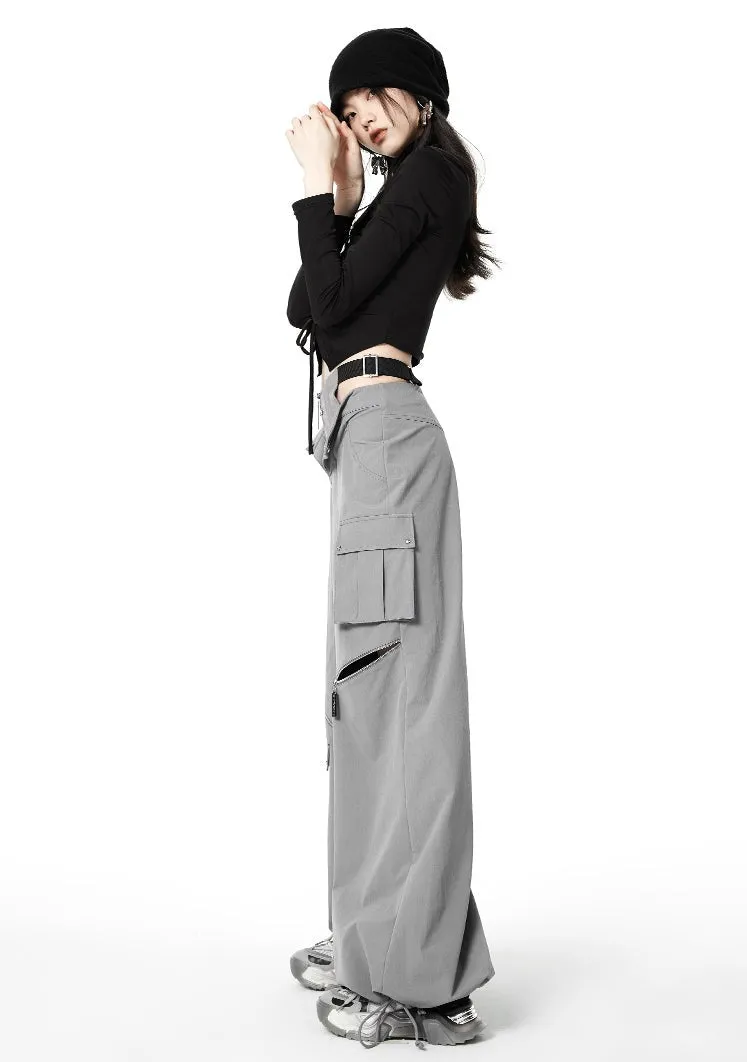 Layered Waist Strap Knee Zip Wide Leg Pants