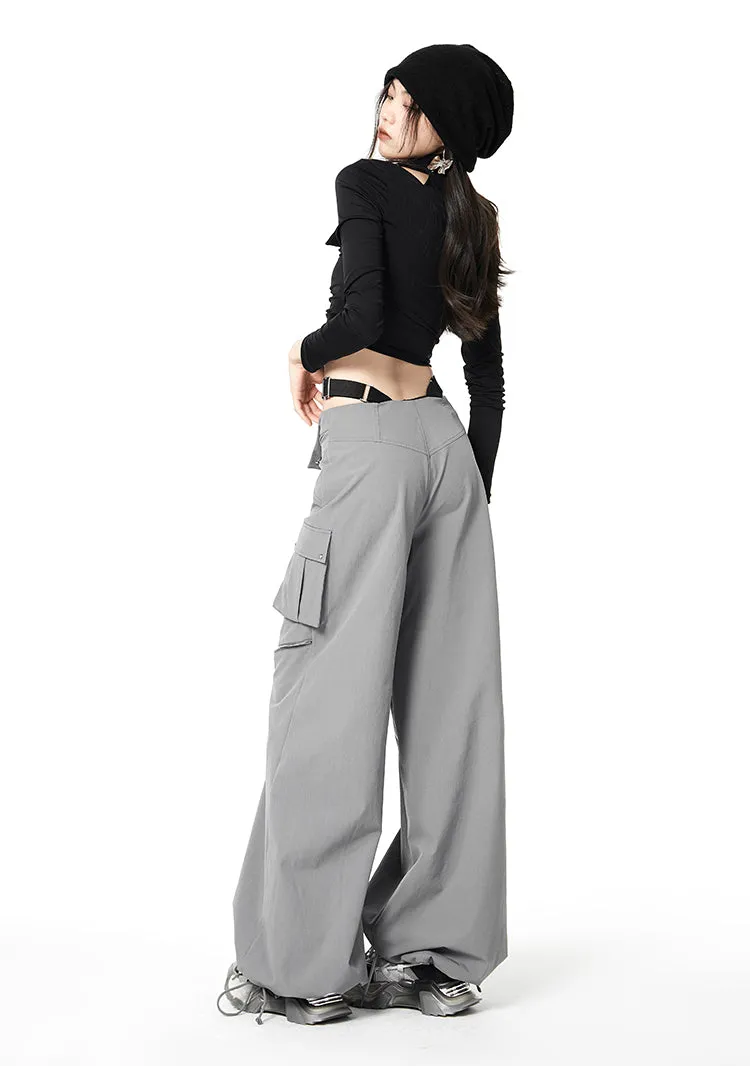 Layered Waist Strap Knee Zip Wide Leg Pants