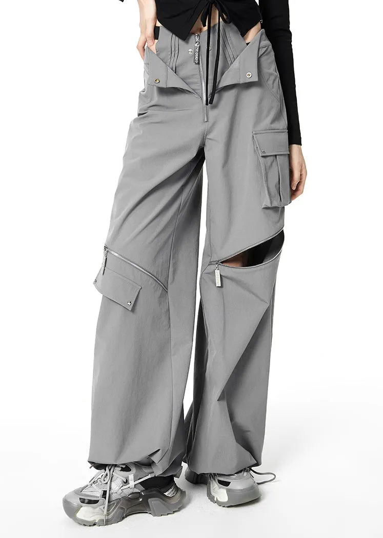 Layered Waist Strap Knee Zip Wide Leg Pants