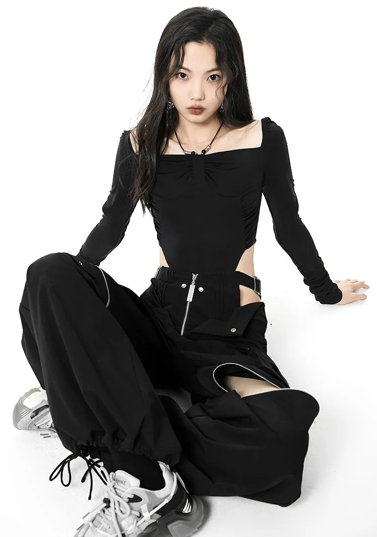 Layered Waist Strap Knee Zip Wide Leg Pants