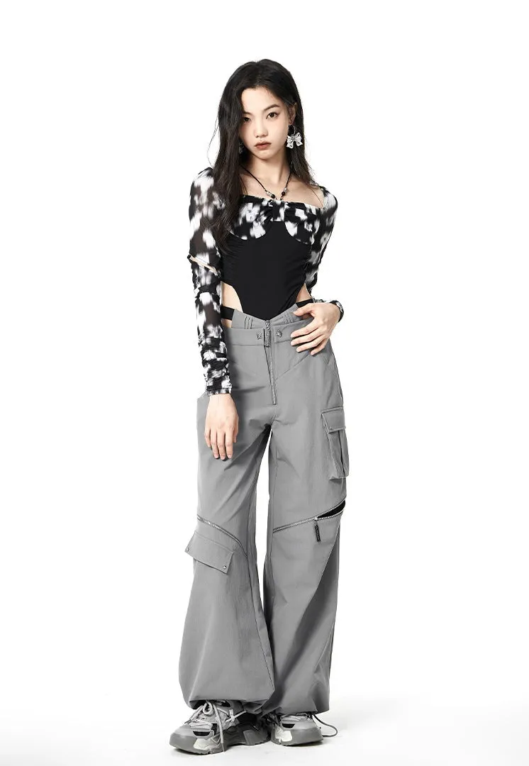 Layered Waist Strap Knee Zip Wide Leg Pants