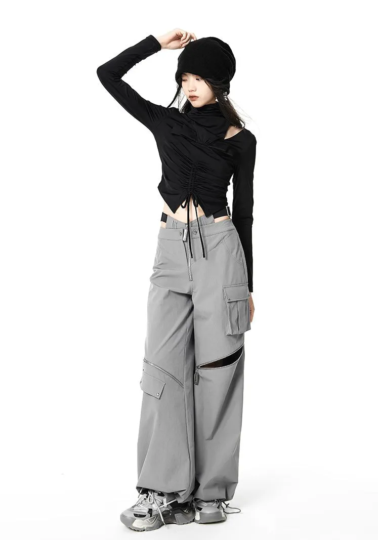 Layered Waist Strap Knee Zip Wide Leg Pants