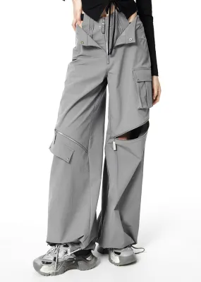 Layered Waist Strap Knee Zip Wide Leg Pants