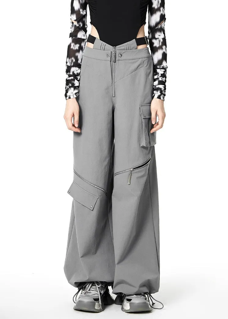 Layered Waist Strap Knee Zip Wide Leg Pants