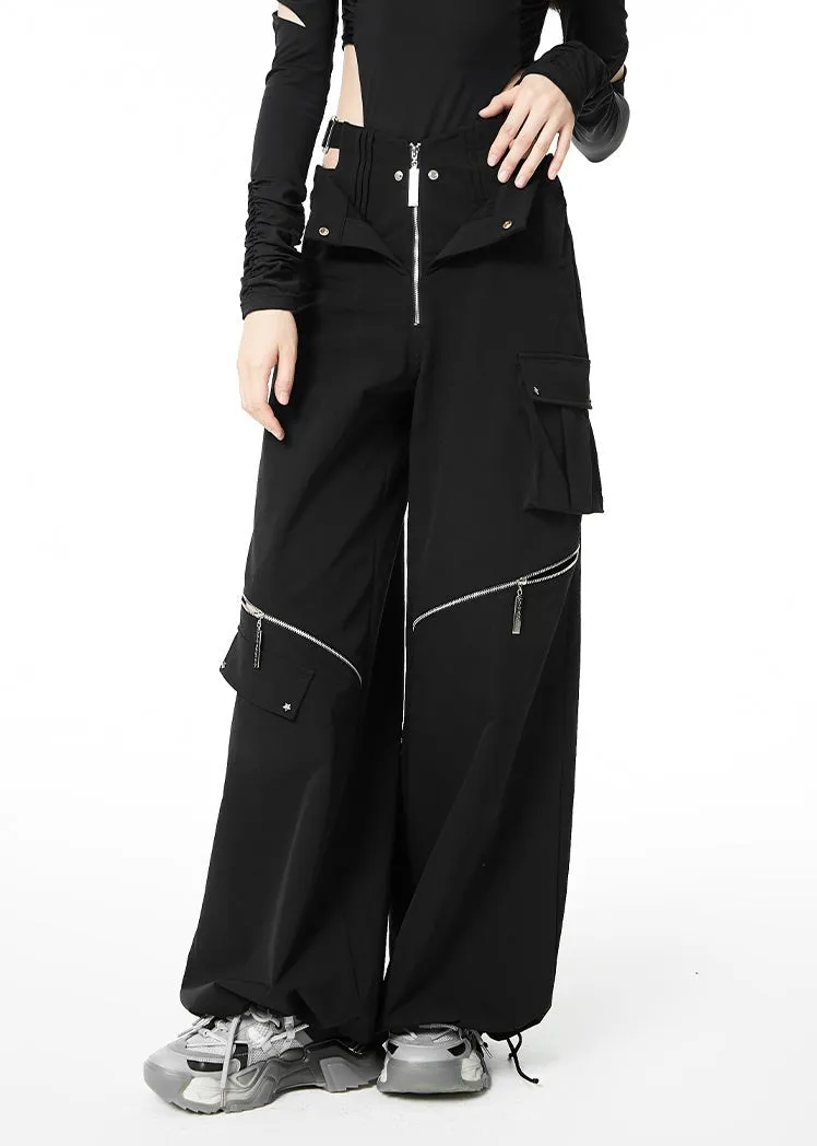 Layered Waist Strap Knee Zip Wide Leg Pants