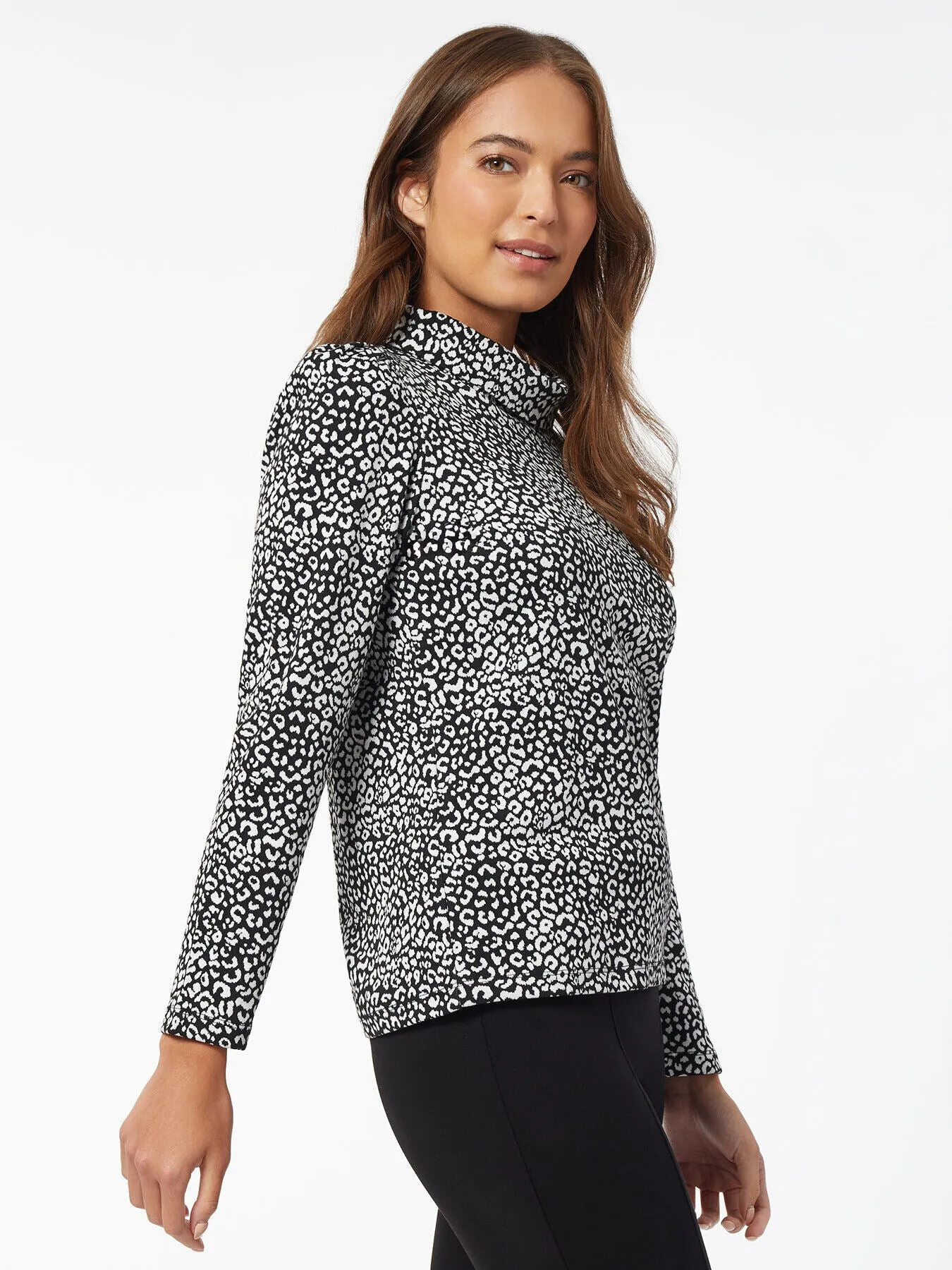 Leopard Print Puff-Sleeve Turtleneck Top