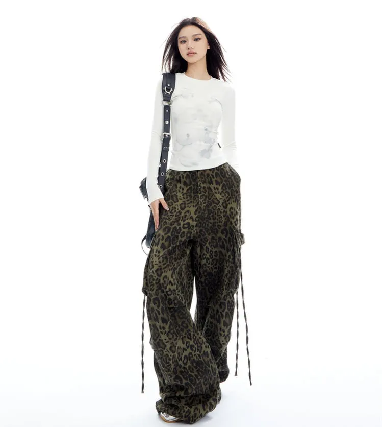 Leopard Print Wide-Leg Drawstring Pants