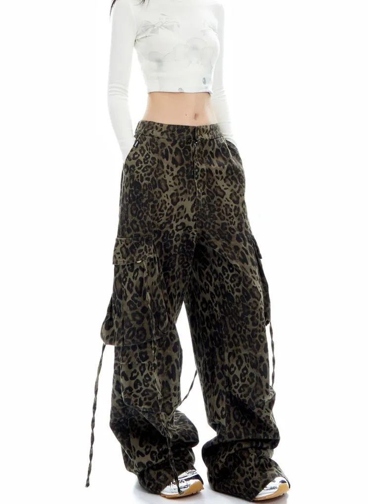 Leopard Print Wide-Leg Drawstring Pants