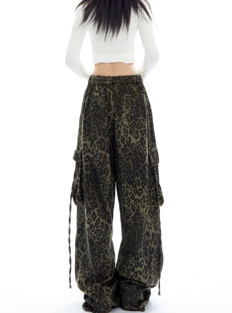 Leopard Print Wide-Leg Drawstring Pants