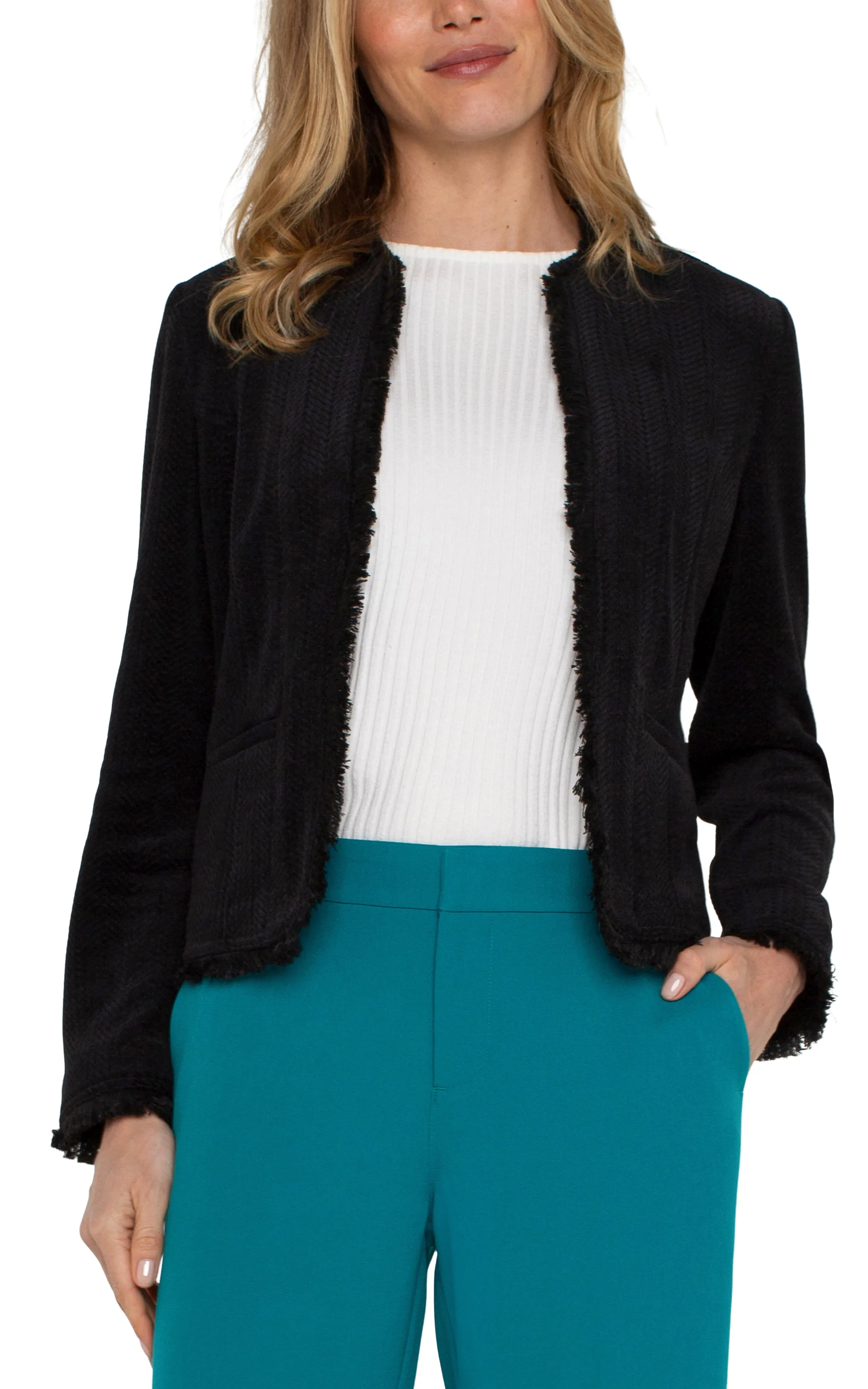 Liverpool Collarless Jacket w/ Frayed Edges (Black)