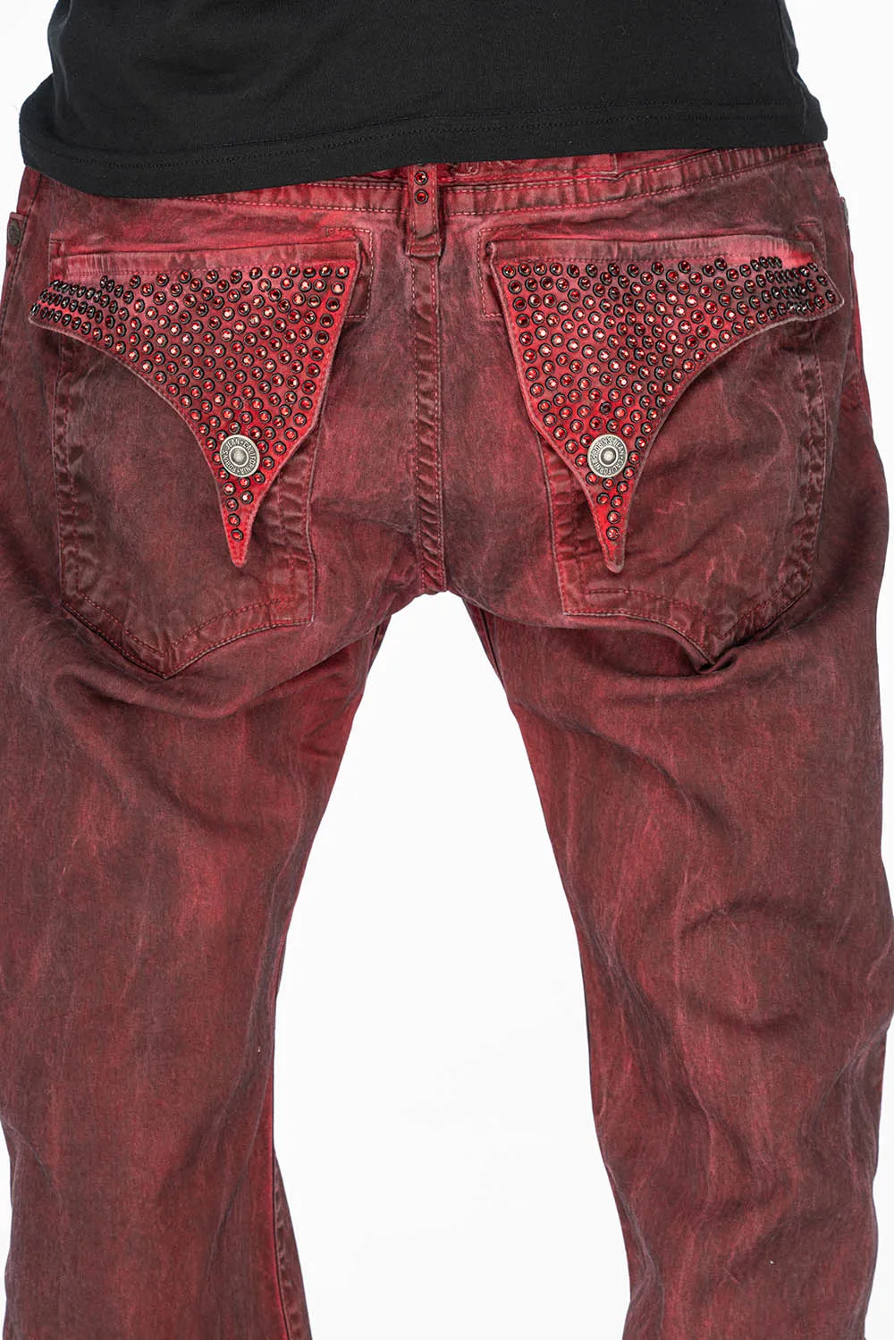 LONG FLAP MENS BOOT CUT JEANS WITH CRYSTALS IN RUG BURGUNDY WASH