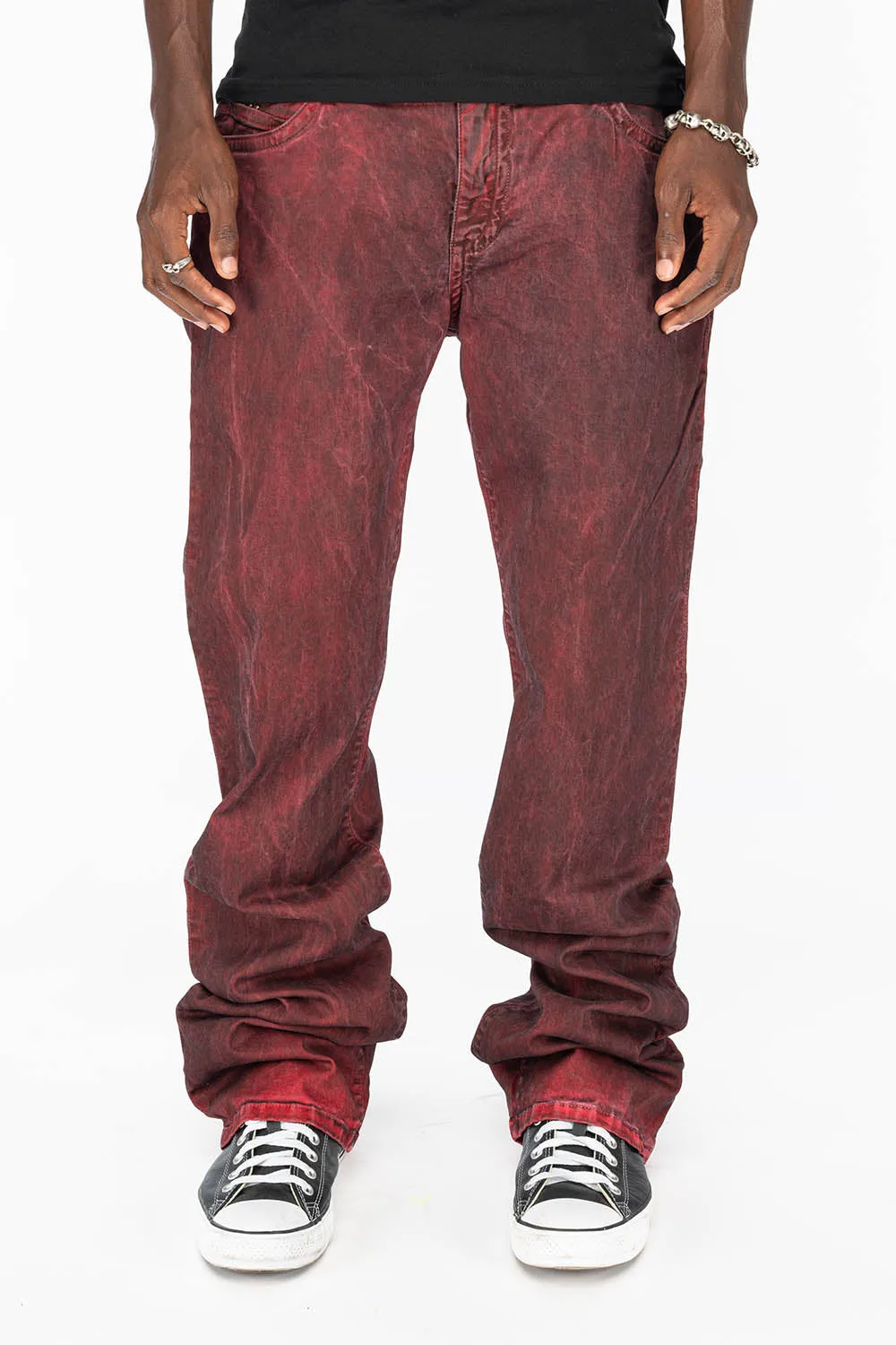 LONG FLAP MENS BOOT CUT JEANS WITH CRYSTALS IN RUG BURGUNDY WASH