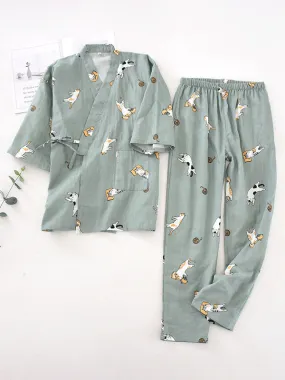 Long Sleeve Cute Cats Printed Robe Set