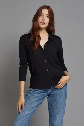 Majestic Long Sleeve Viscose Boxy Button Down in Black