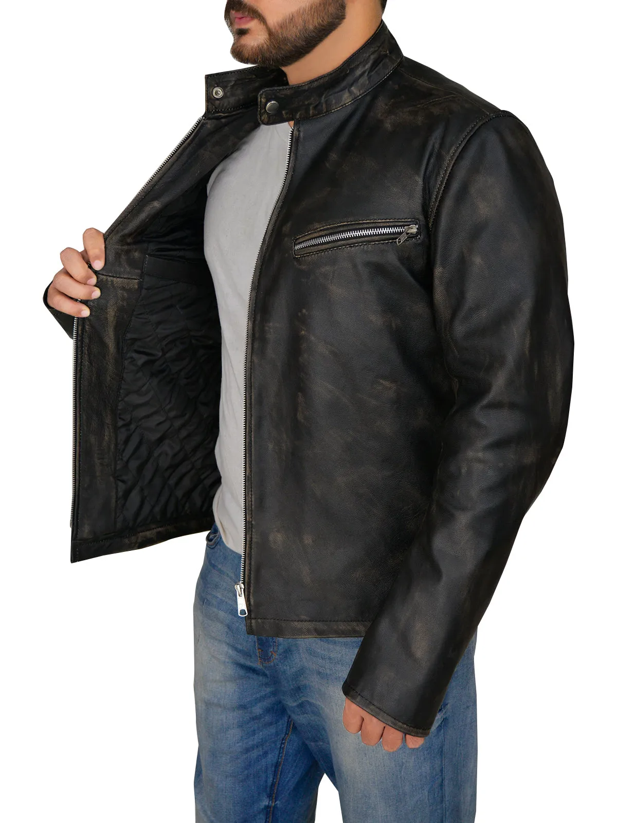 Men Distressed Black Cafe Racer Jacket