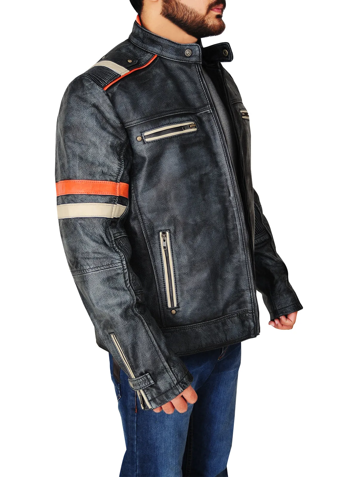 Men Distressed Black Cafe Racer Jacket