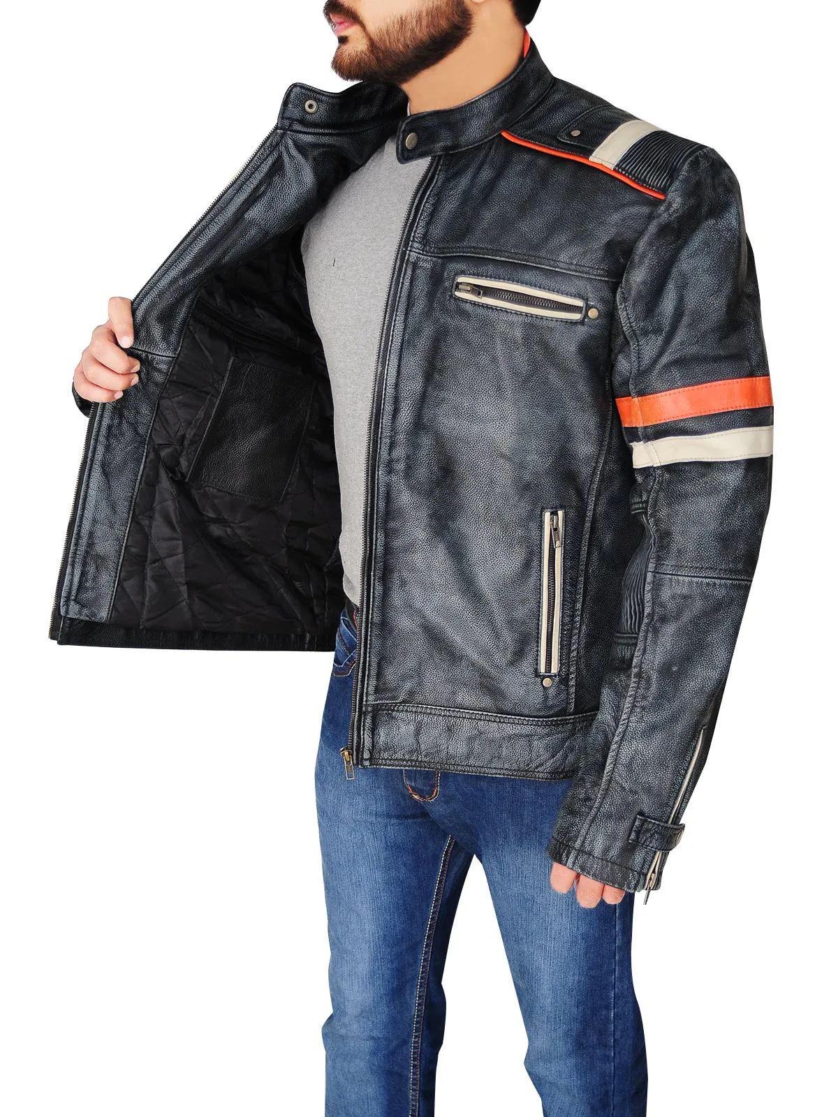 Men Distressed Black Cafe Racer Jacket