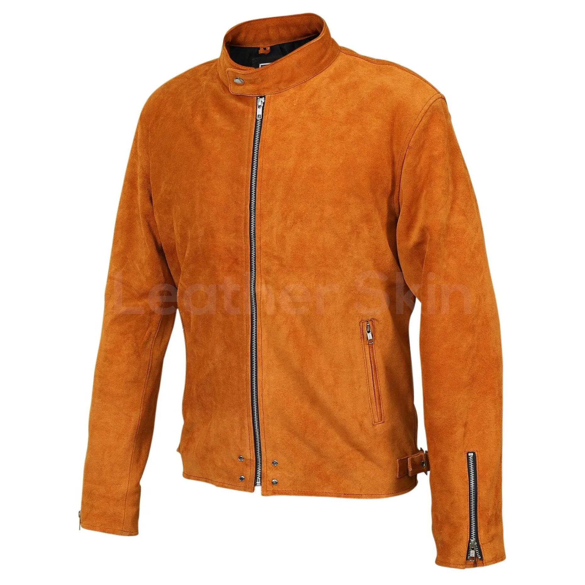 Men Tan Suede Leather Jacket with silver zippers