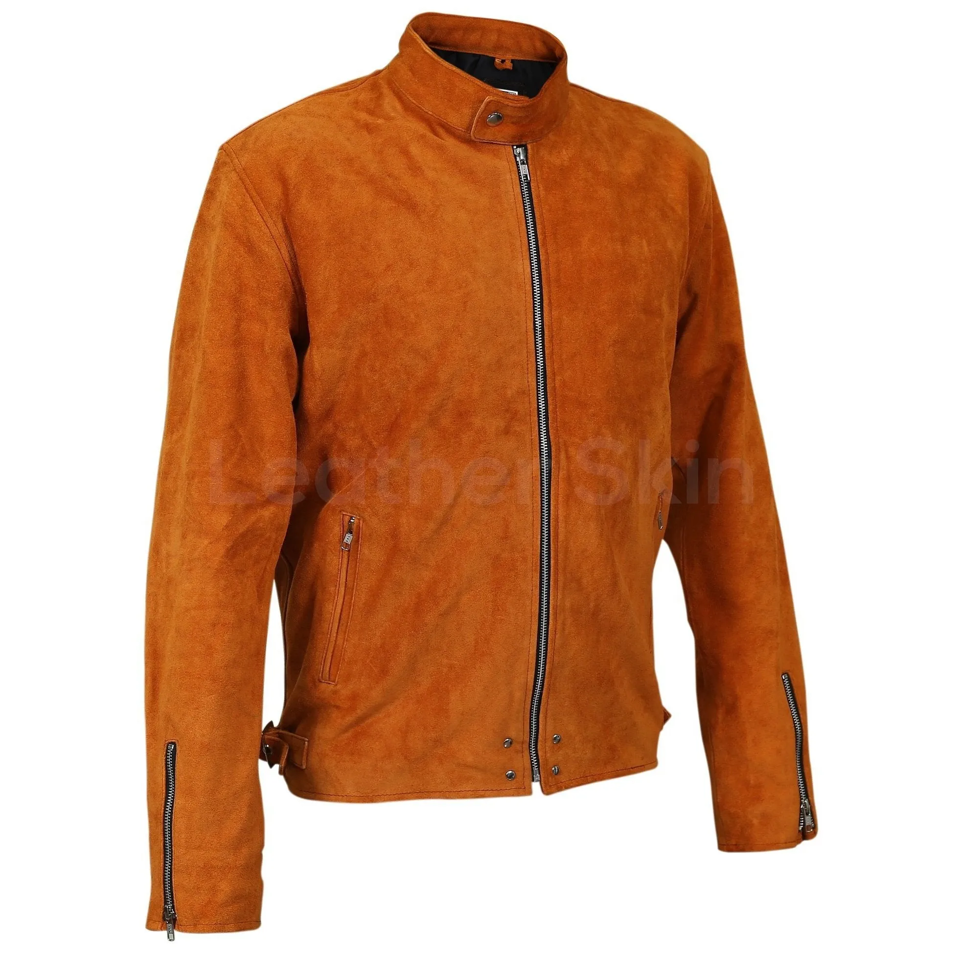 Men Tan Suede Leather Jacket with silver zippers